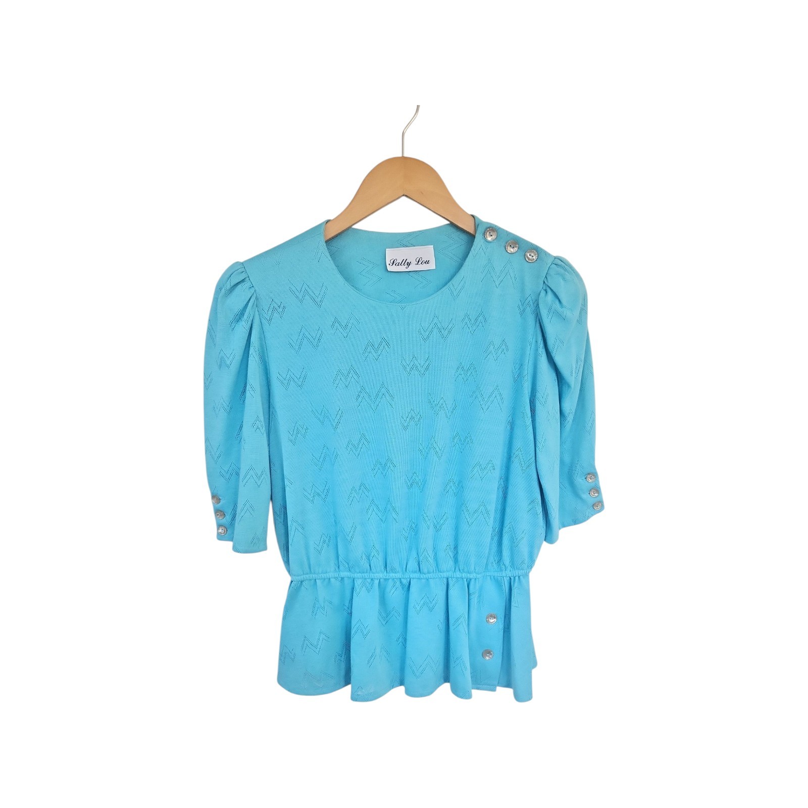 Vintage Sally Lou Aqua Blue Retro Peplum Top Sz S