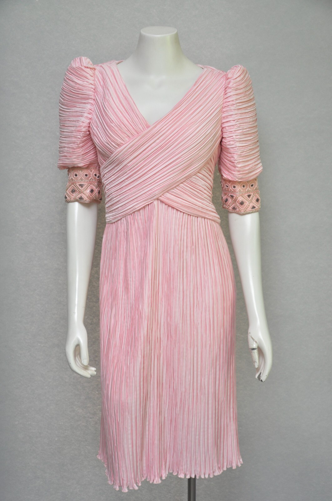 Vintage 1980s Pink RICHILENE Plisse Party Dress Puffed Shoulders Wedding S/M