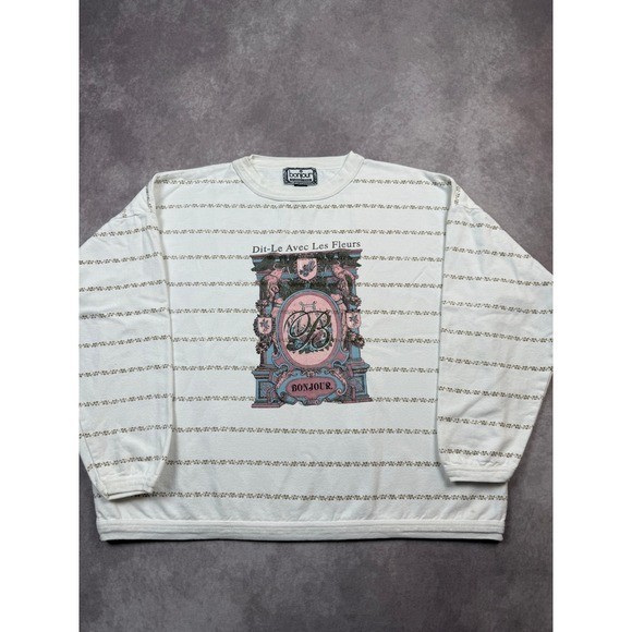 VTG Bonjour International White Floral Print Sweatshirt S Cottagecore French