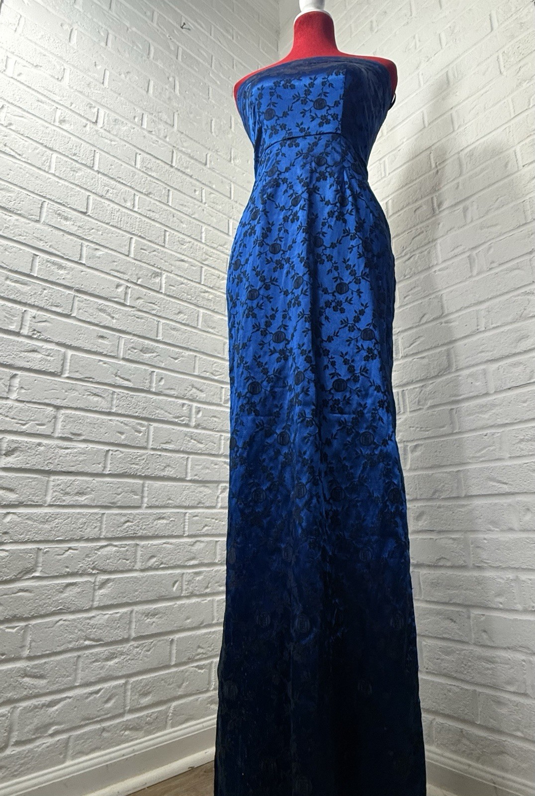 Vintage 90s L.A. Glo S Blue Black Floral Brocade Strapless Maxi Dress USA