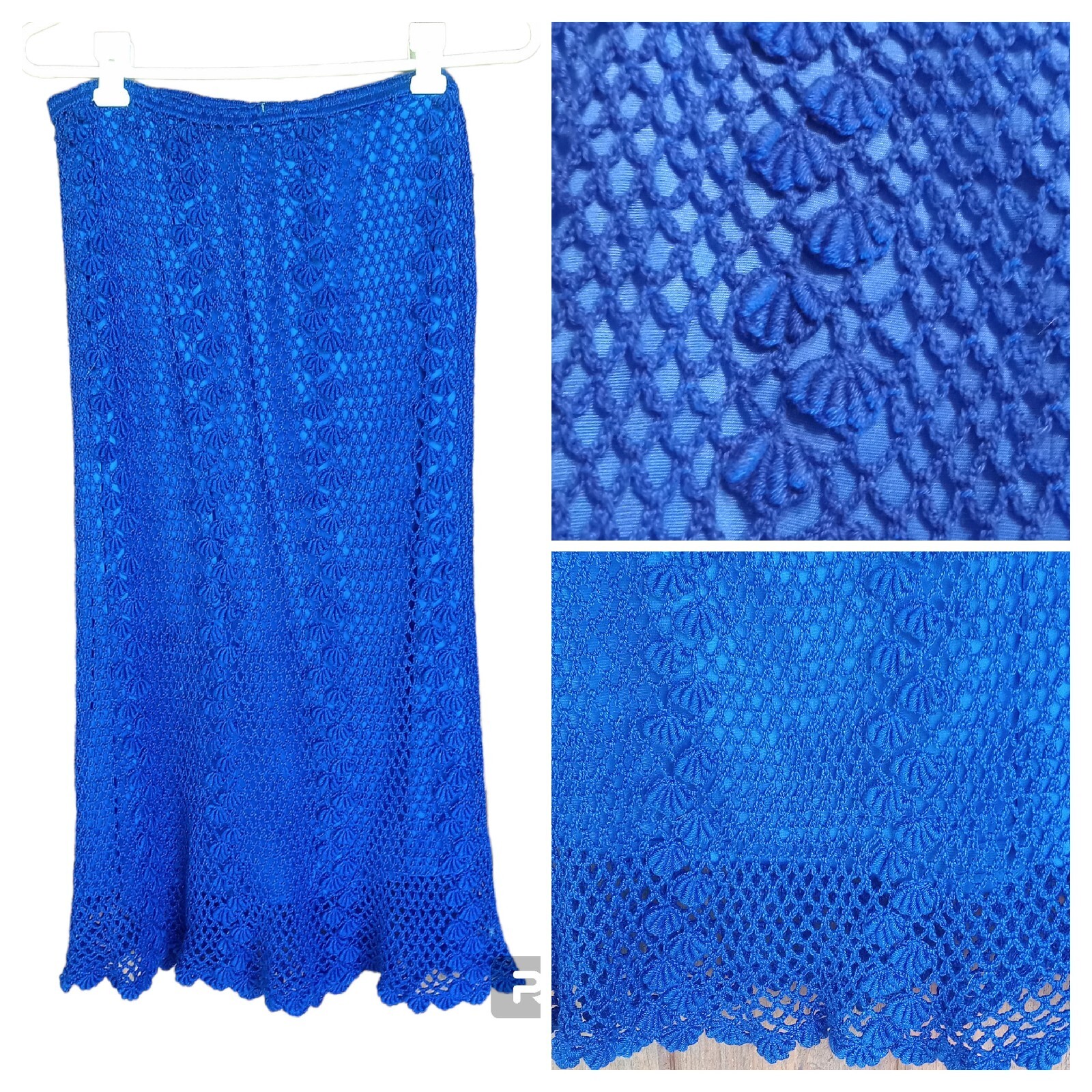 Hand Crocheted Scalloped Skirt Beautiful Royal Blue Size Large Midi Bohemian