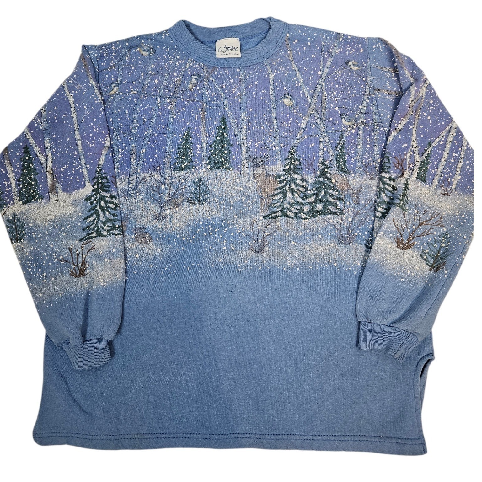 Vintage Artisans Sunschein Designs Winter Deer Scene Sweatshirt Blue Women Large