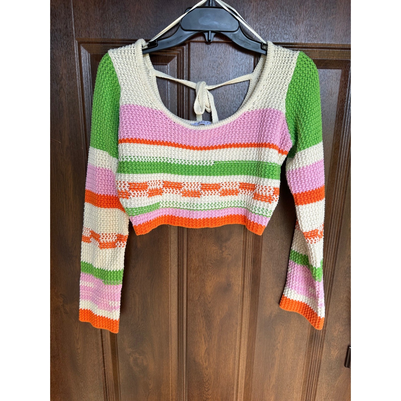 Grey Bandit Teenage Dream Retro Boho Knit Crochet Long Sleeve Crop Top SZ S
