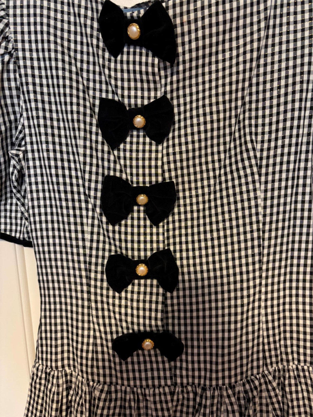 Vtg. Misty Lane Gingham Party Dress, Black Velvet Bows, 7/8