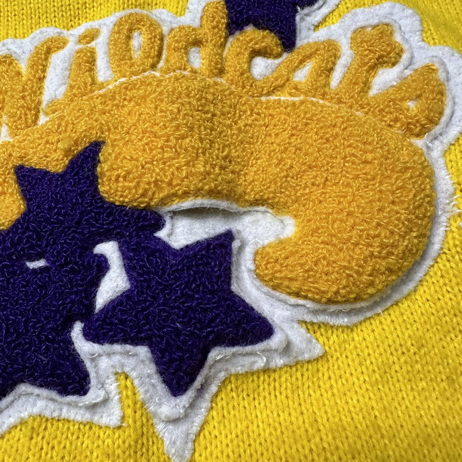 Vtg Dehen Varsity Wildcats “Joni”Cheerleader Acrylic Purple Yellow Retro Patches