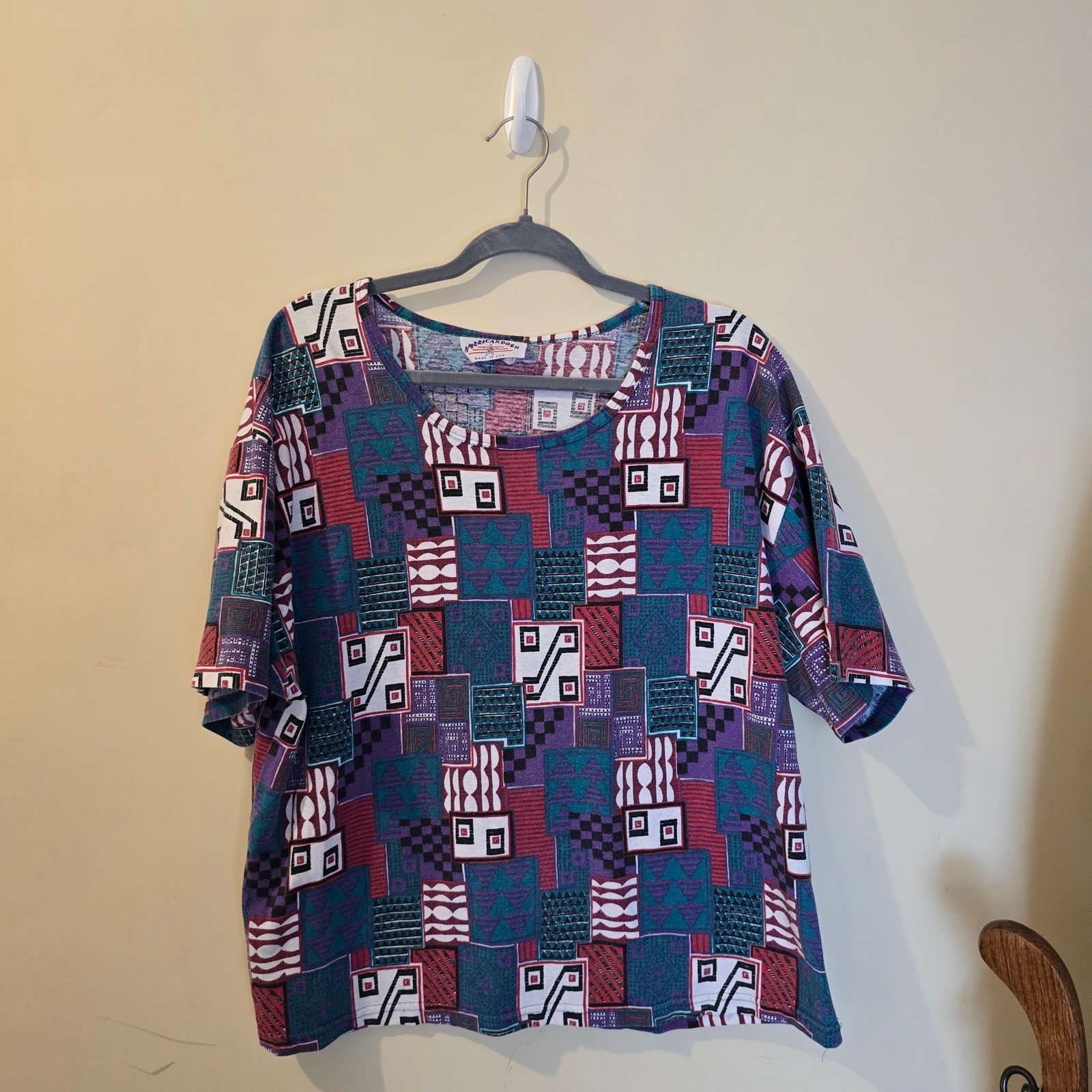 Vintage American Born Geometric Abstract Print Top Short Sleeve Made in USA 18