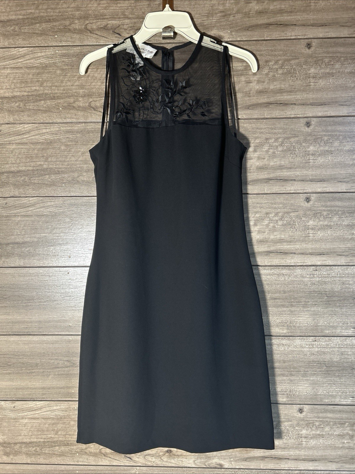 Y2K Evan-Picone Black Sheath Cocktail Dress Mesh Yoke W/Embroidery&Beading Size8