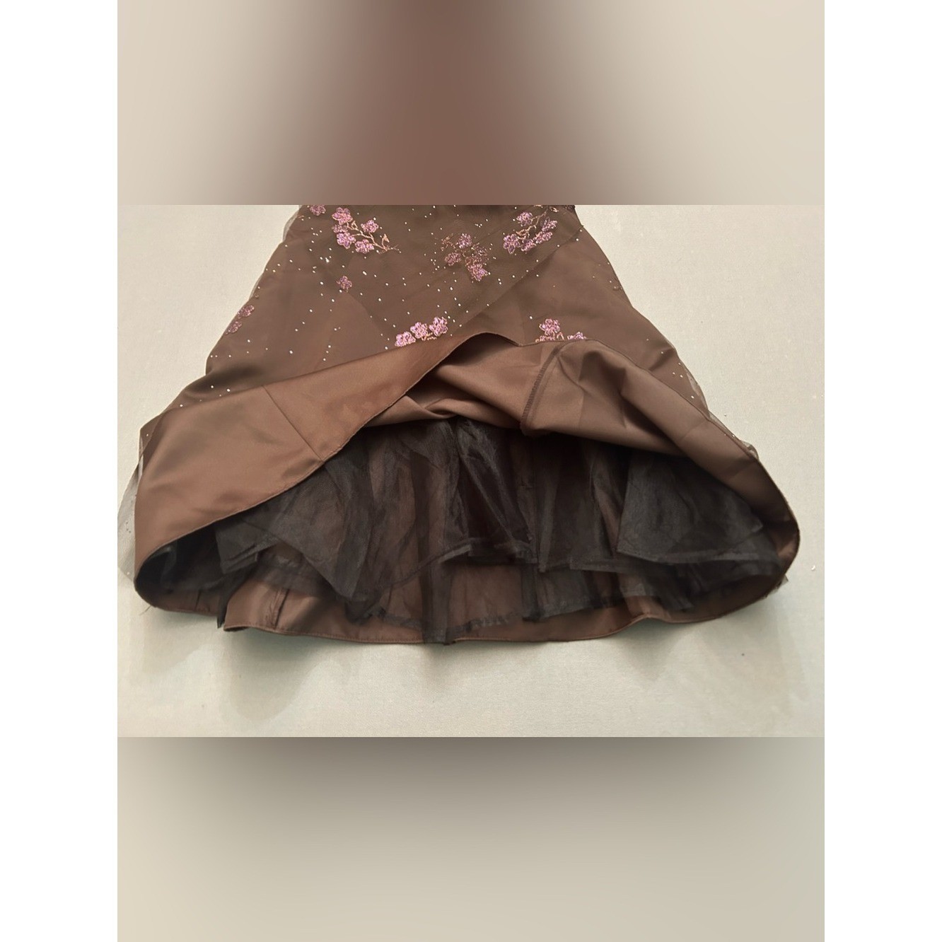 Vintage Y2K 90’s Onyx Nite Brown Satin Party Dress w/ Sparkles and Lace Overlay