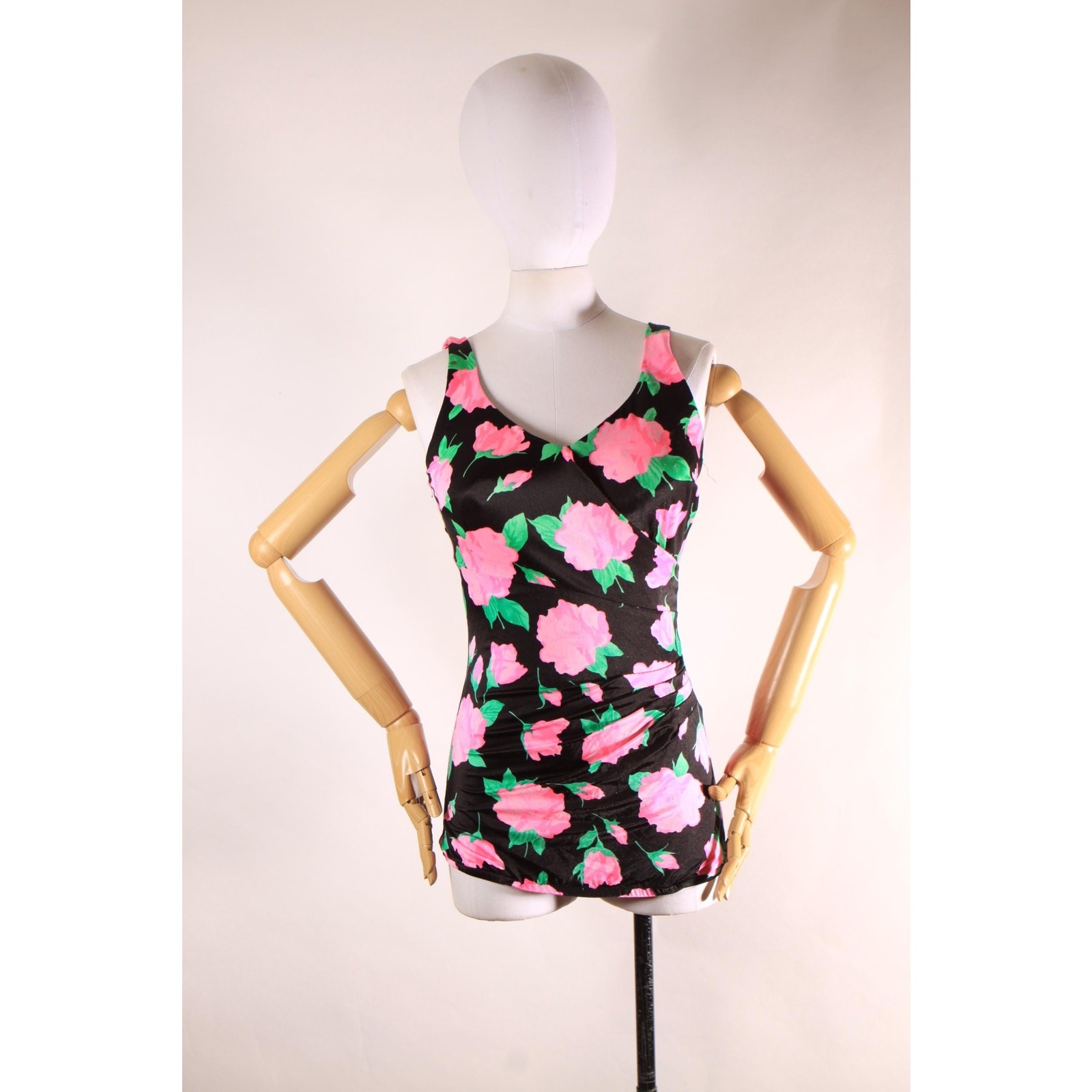 1970s 1980s Black Pink Green Floral One Piece Swimsuit by Maxine of Hollywood