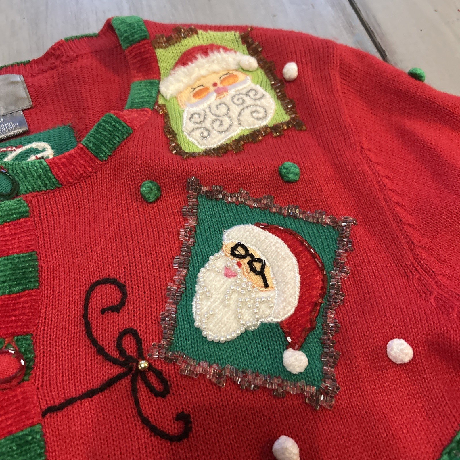 Berek Red Green Christmas Santa Reindeer Gift Tags Beaded Pom Poms Cardigan Sz M