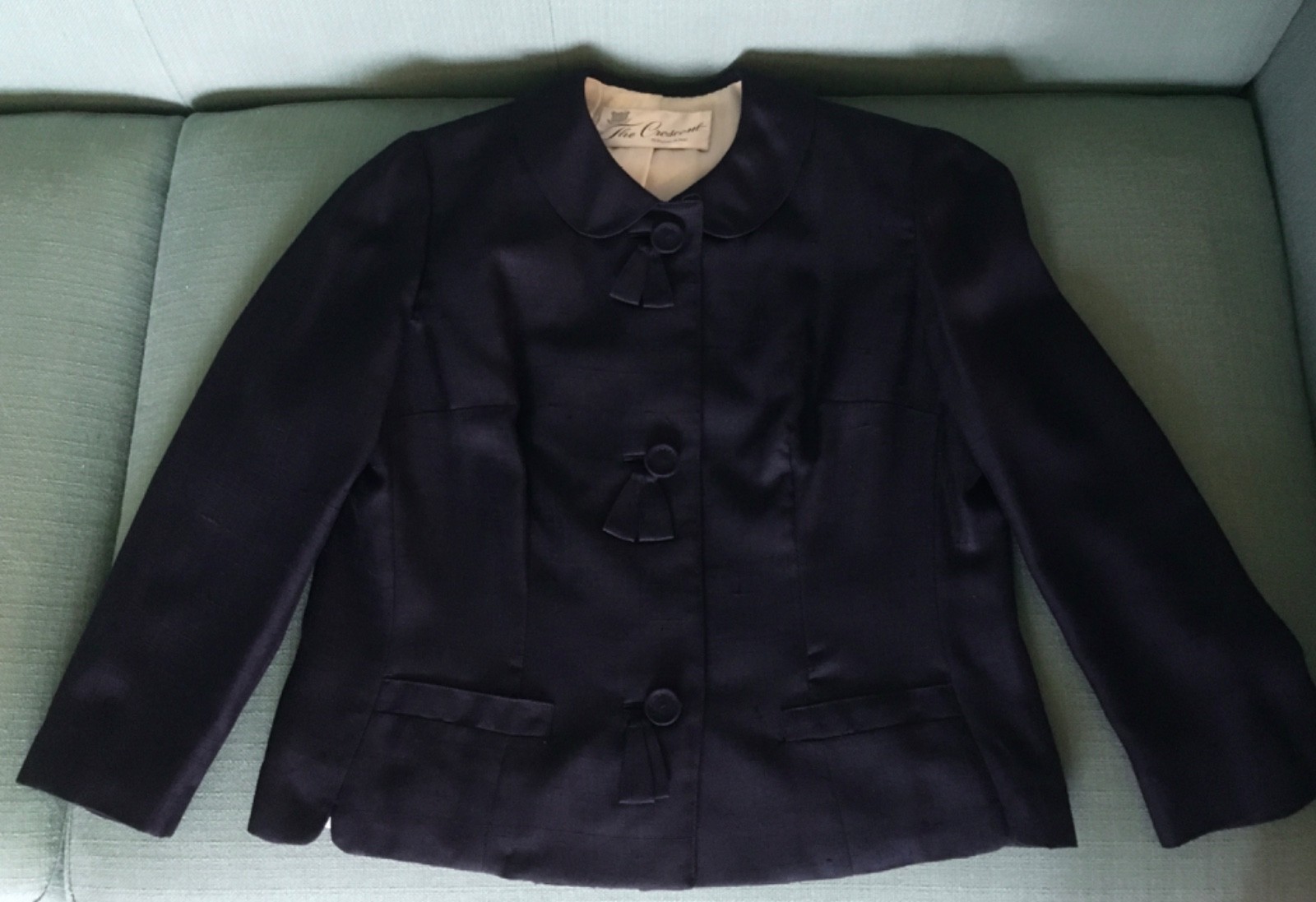 Navy Women’s Mid-Century MCM Short Jacket size 12 Silk Shantung