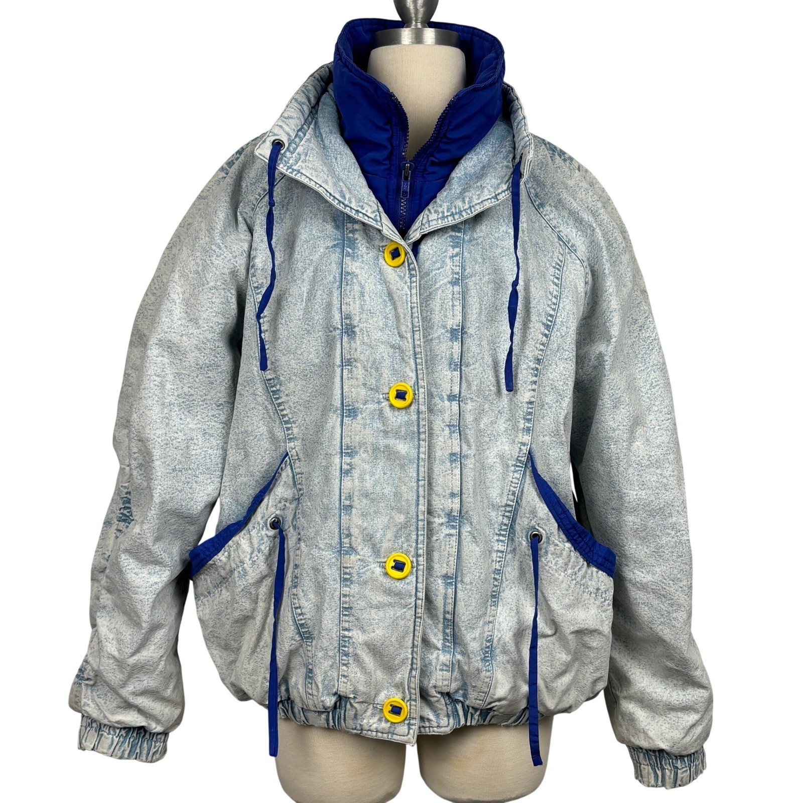 Vintage 90s Gitano Acid Wash Denim Bomber Jacket Blue Yellow Women’s Small