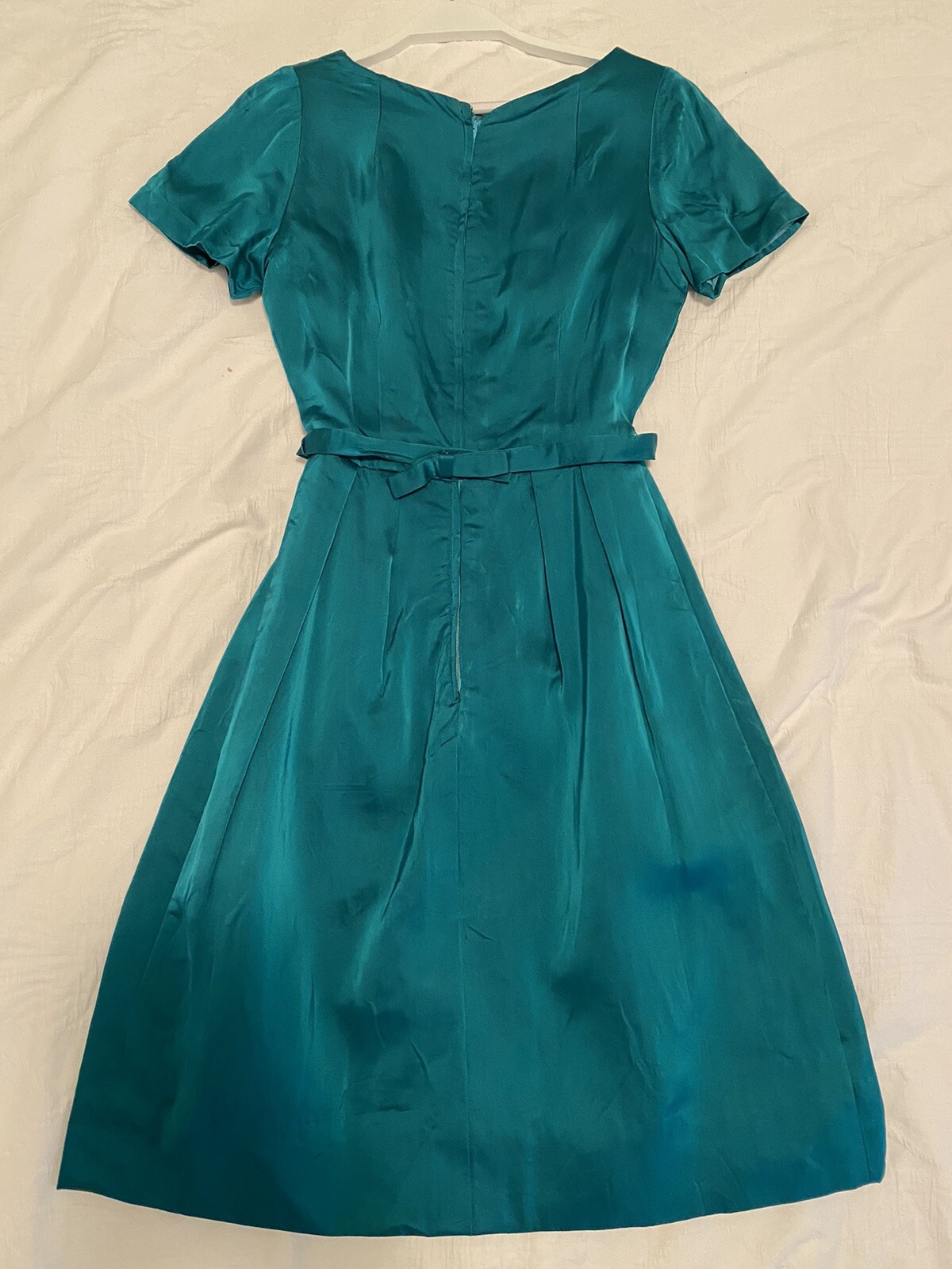 50s 60s VTG Dress Teal AU Sz 8 Satin Short Sleeve Boat Neck Formal Prom A Line
