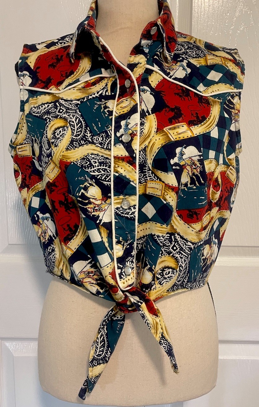 VINTAGE 90S BANJO WESTERN CROP TOP Cowboy Pearl Snap Tie Front Sz L EUC