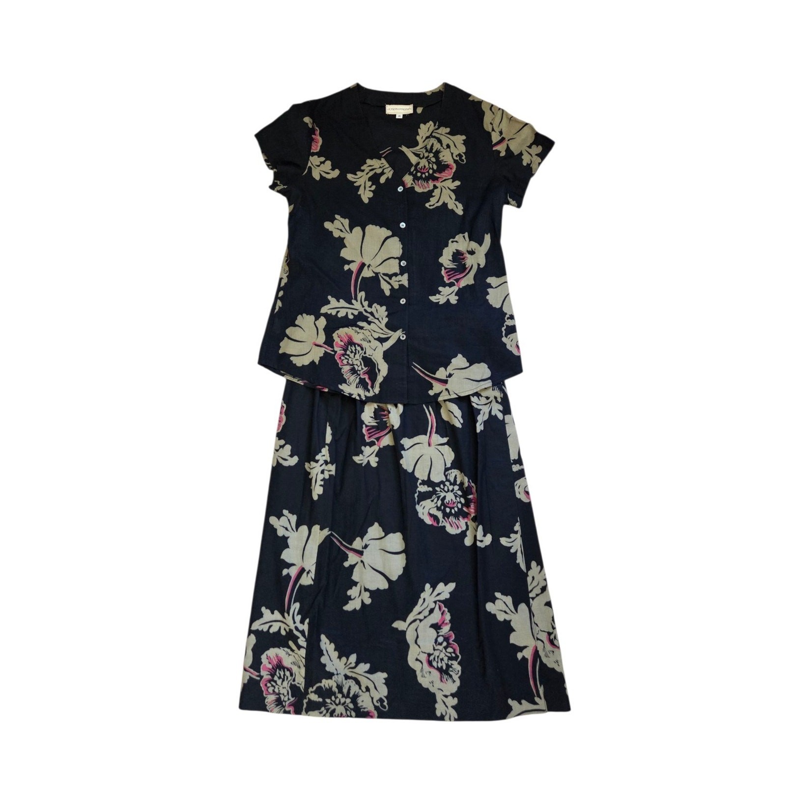 Vintage Joseph Magnin Dark Floral Lightweight 2-Piece Set Skirt and Blouse Sz 14