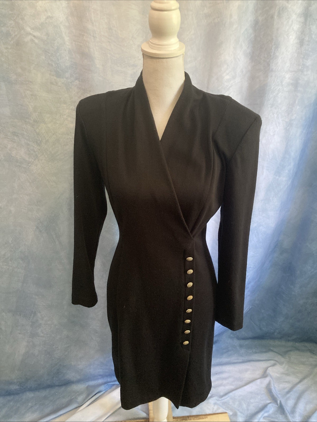 Vtg 80s All That Jazz Black Knit Dress Shoulder Pads Gold Button XS USA 5/6 LBD