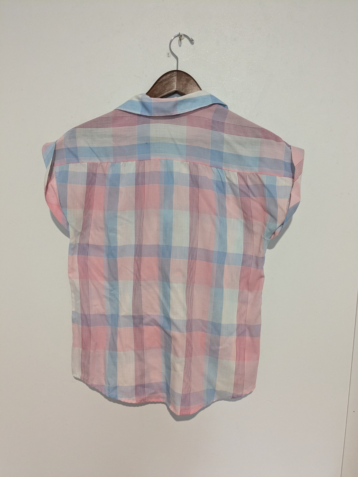 Vintage 80s Plaid Stripe Pink Blue Blouse Top S/ M Summer Cotton Bl Lady Donlin