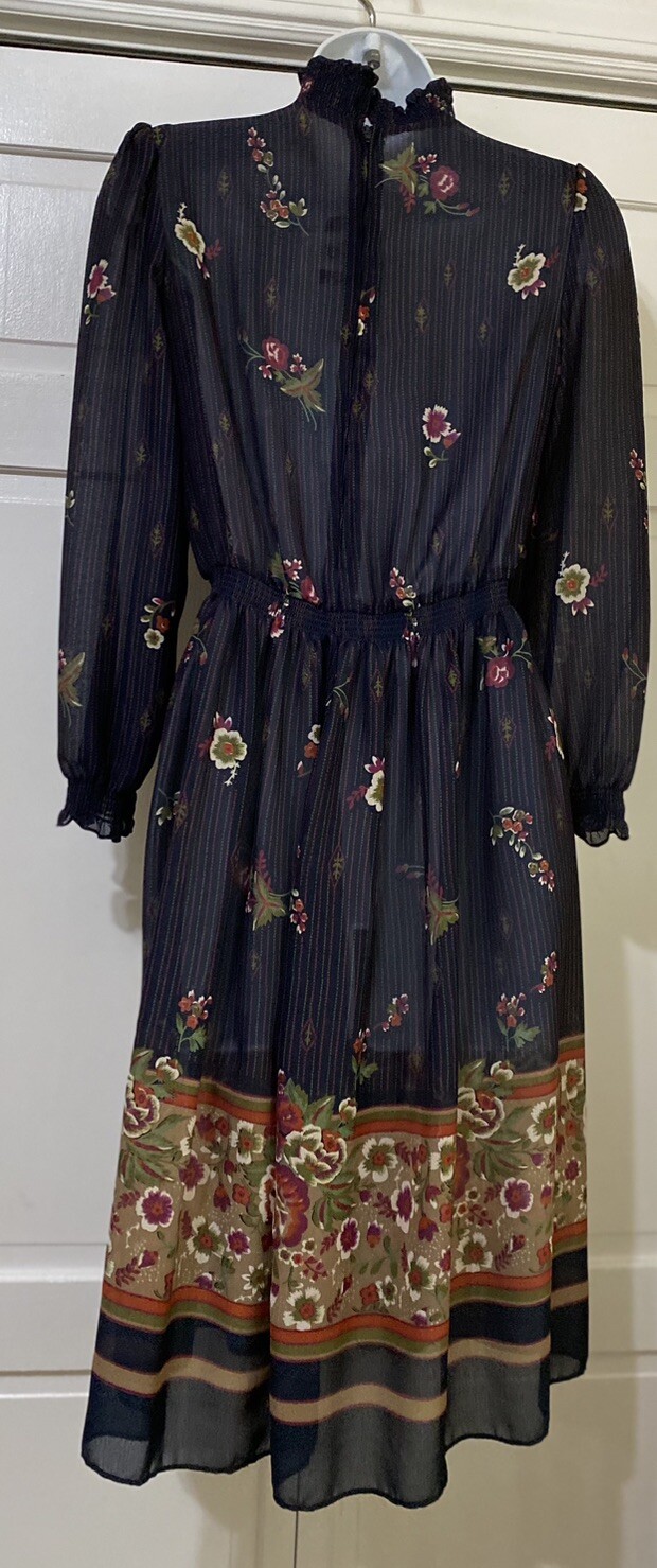Vintage LF Petite Union Made Blue Floral Print Mock Neck Secretary Dress Size 4