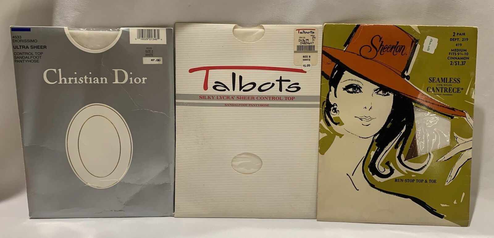 VTG Dior/Talbots Pantyhose Sheerlon Knee Highs White/Cinnamon Sz 2/Med. READ