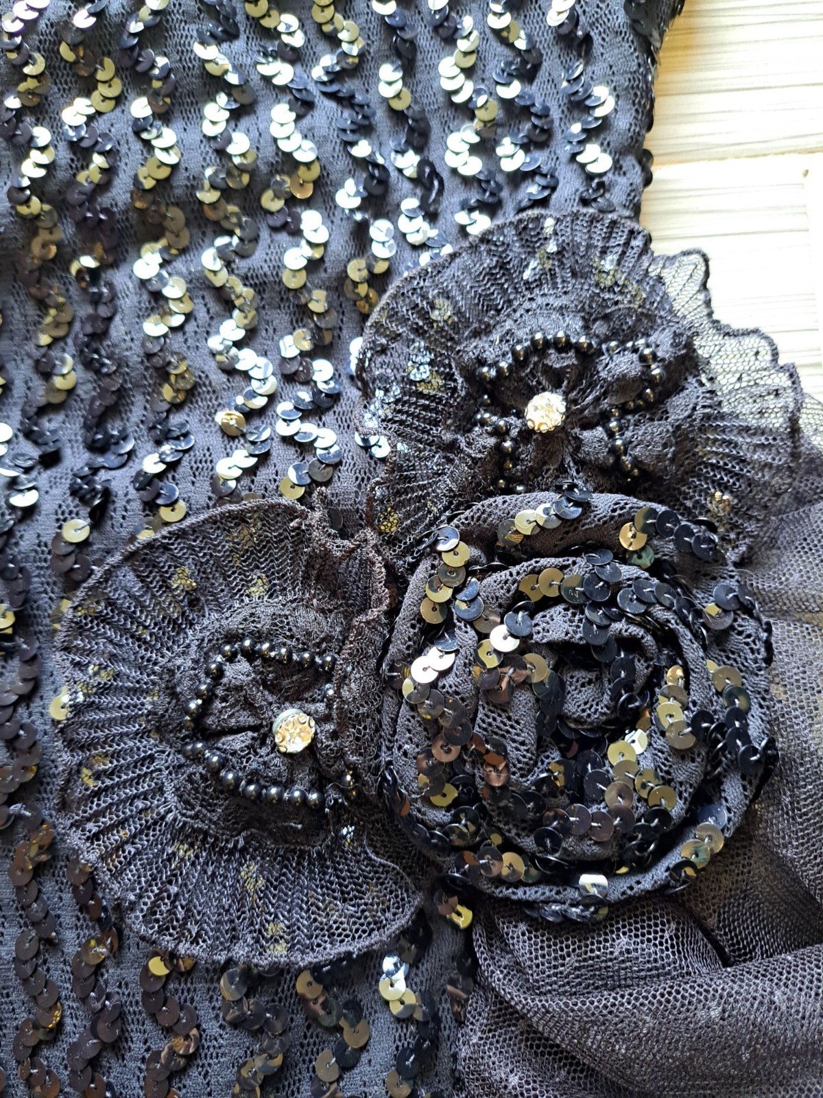 Vintage Karen Okada Climax Black Sequin Tulle Dress Size S 5/6 USA Asymmetrical