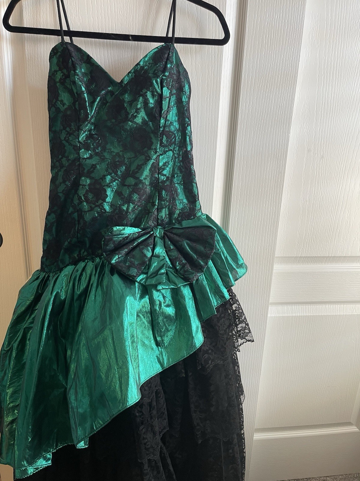 Vintage 1980s Loralie Green and Black Lace Satin Asymmetrical Goth Prom Dress