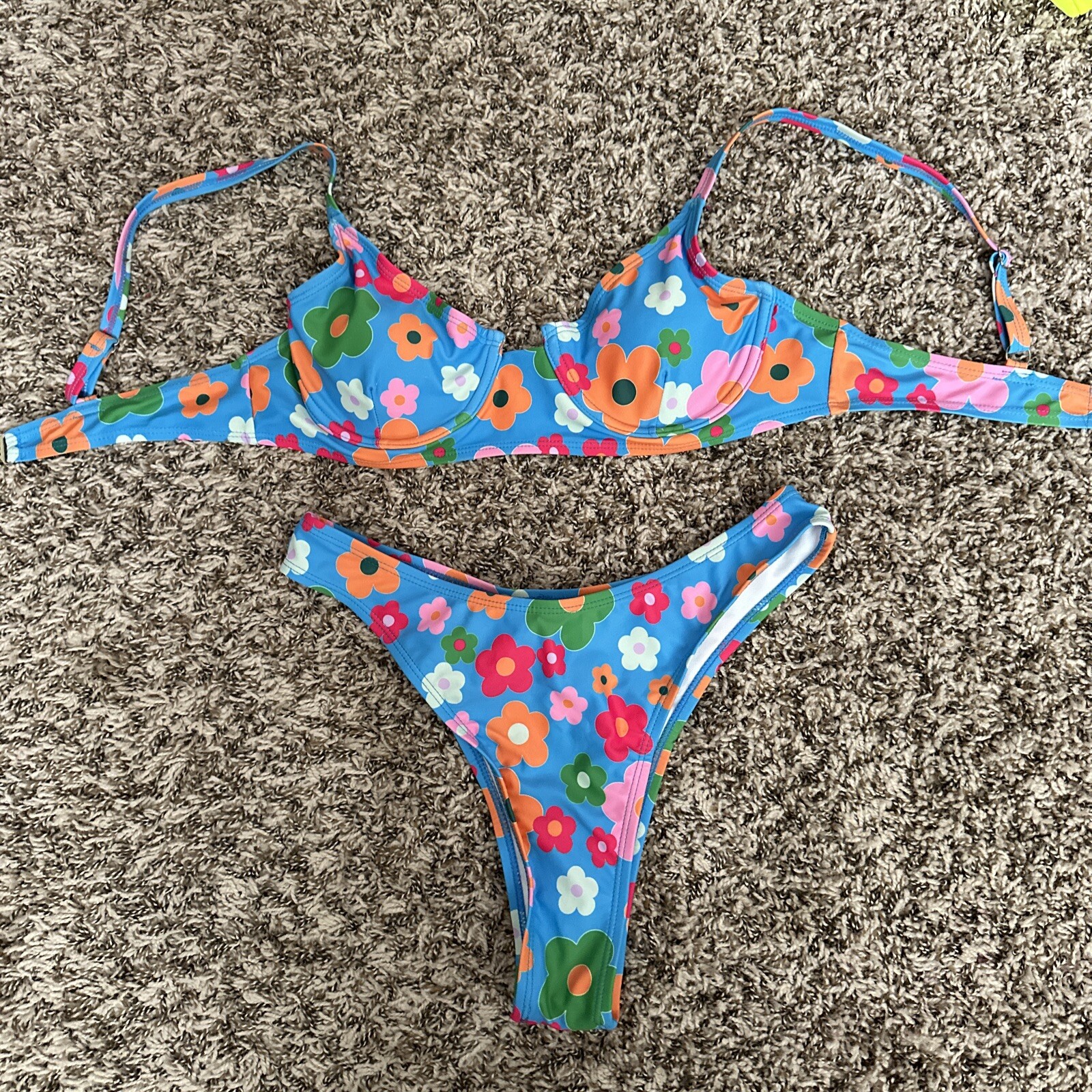 Vintage Style 60’s Women’s Bikini Blue Pink Orange Flowers Hippie High Waist M
