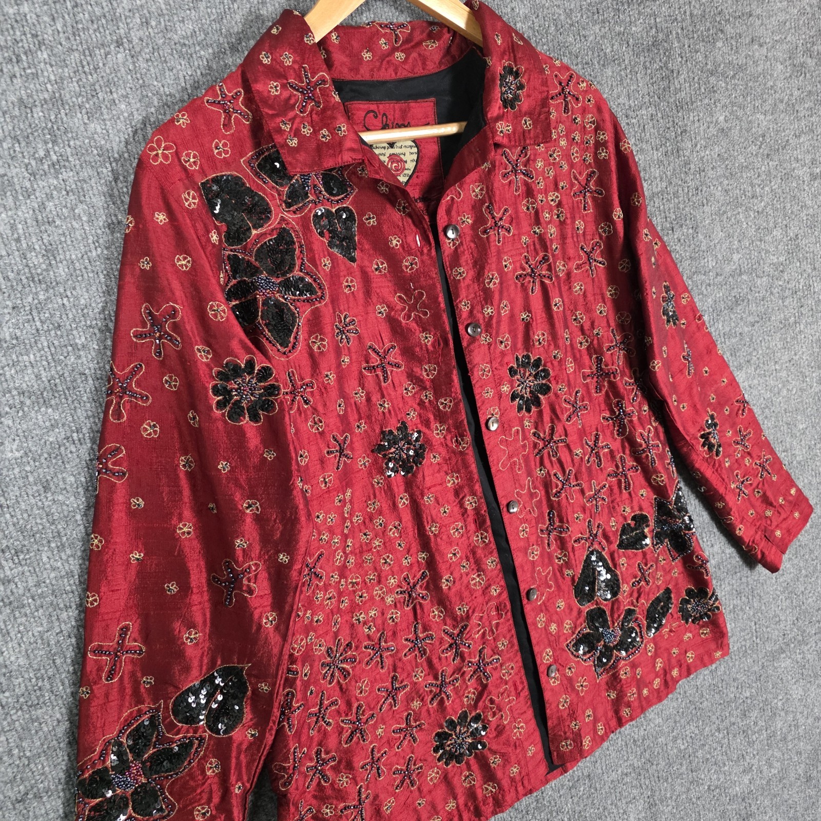 Chicos Dupioni Silk Beaded Shirt Womens XL Red Asian Art To Wear Sequin Vintage