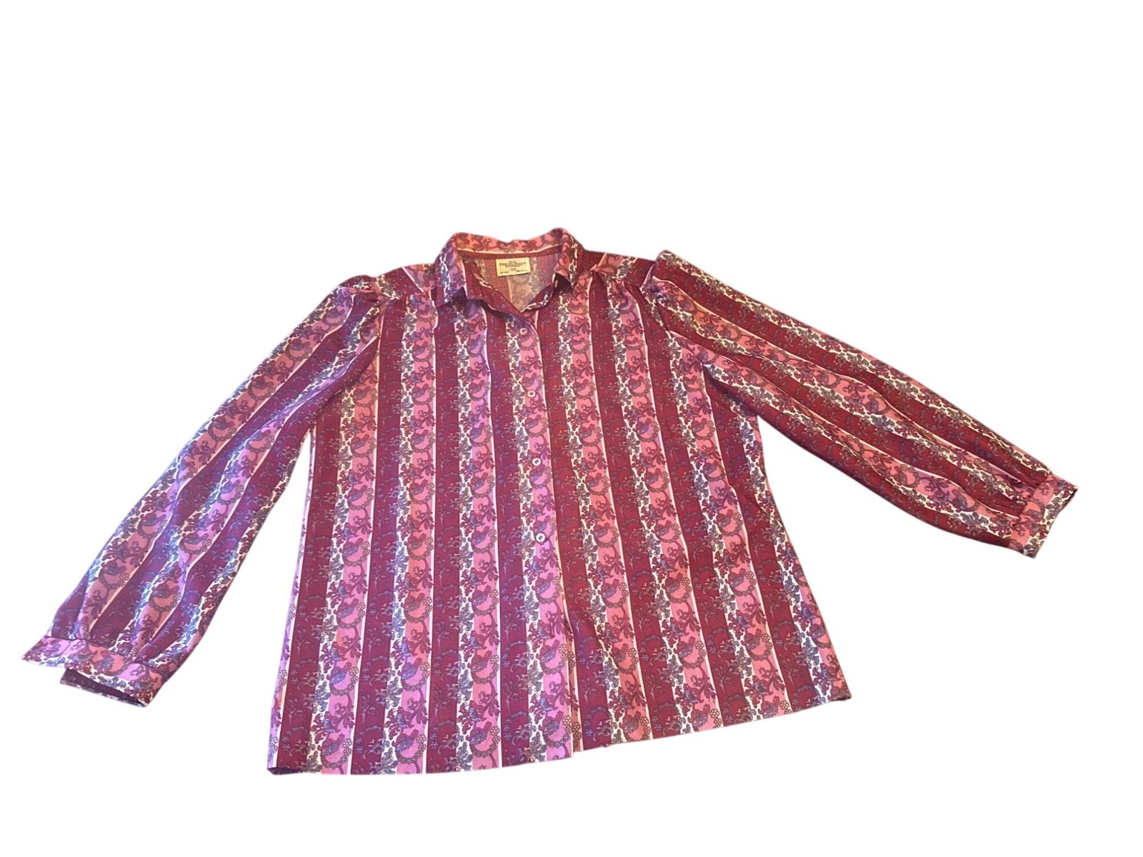 Fire Islander Woman Vintage 70s Floral Striped Polyester Button-Up Shirt Siz 36