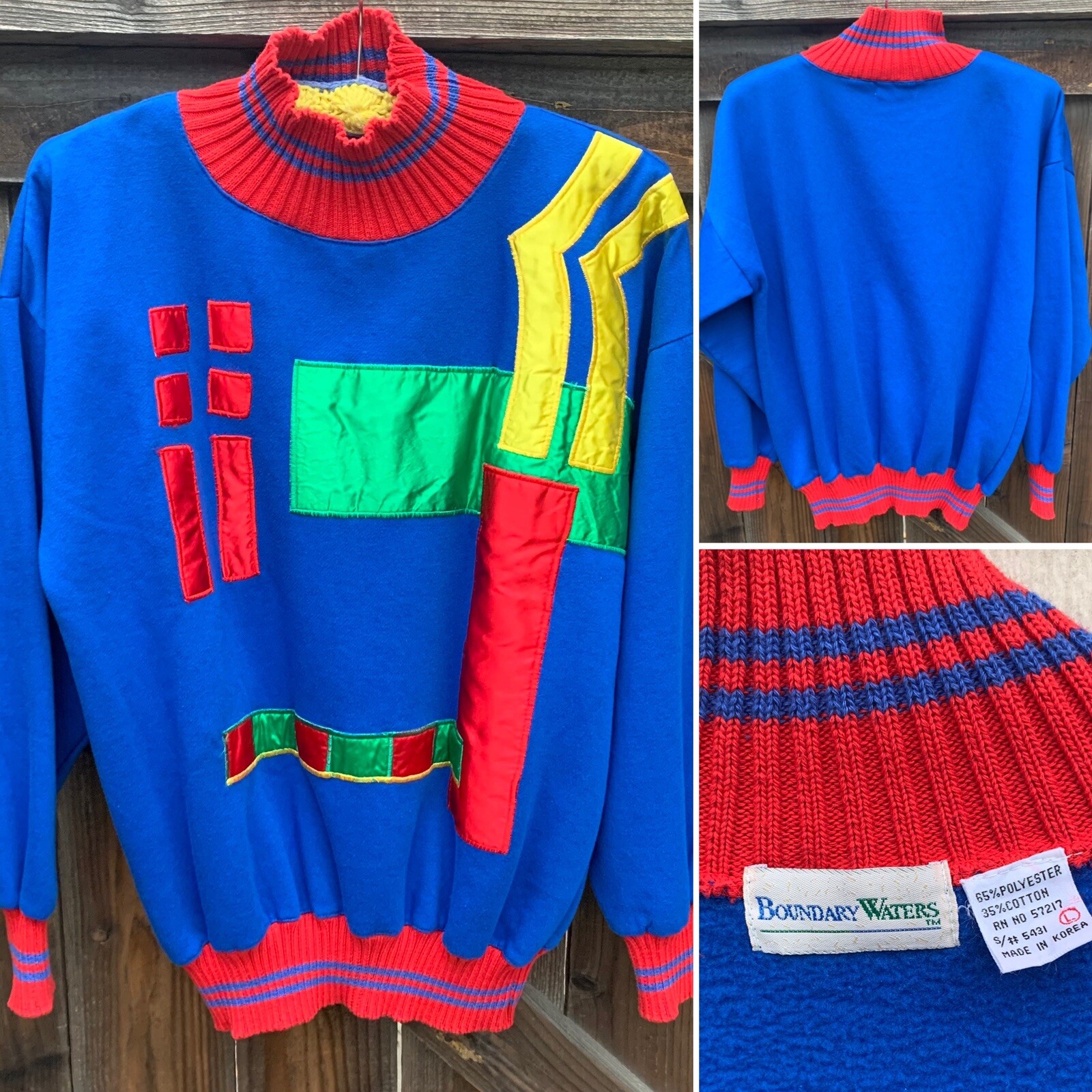 vintage sweashirt with geometric satin primary colors 1980s Boundary Waters L