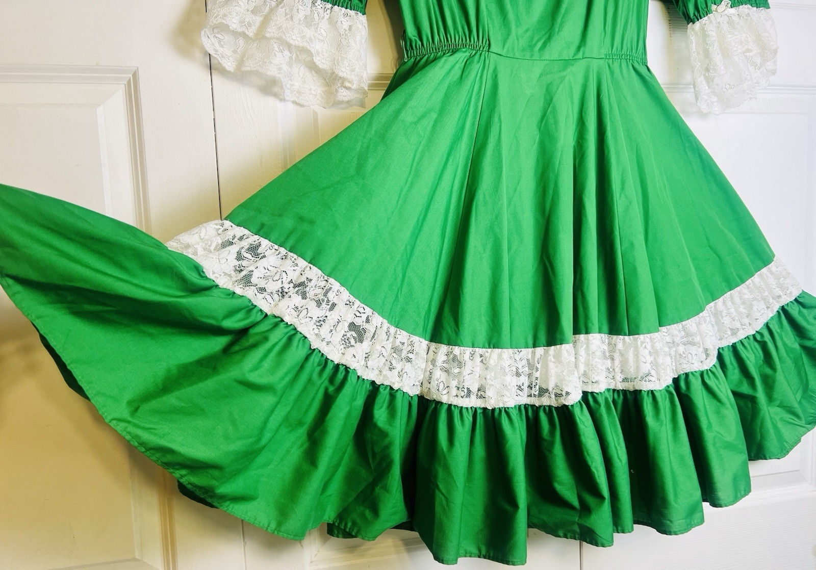 Vtg Partners Please Green White Lace Trim Flare Swing Square Dance Dress Size 12