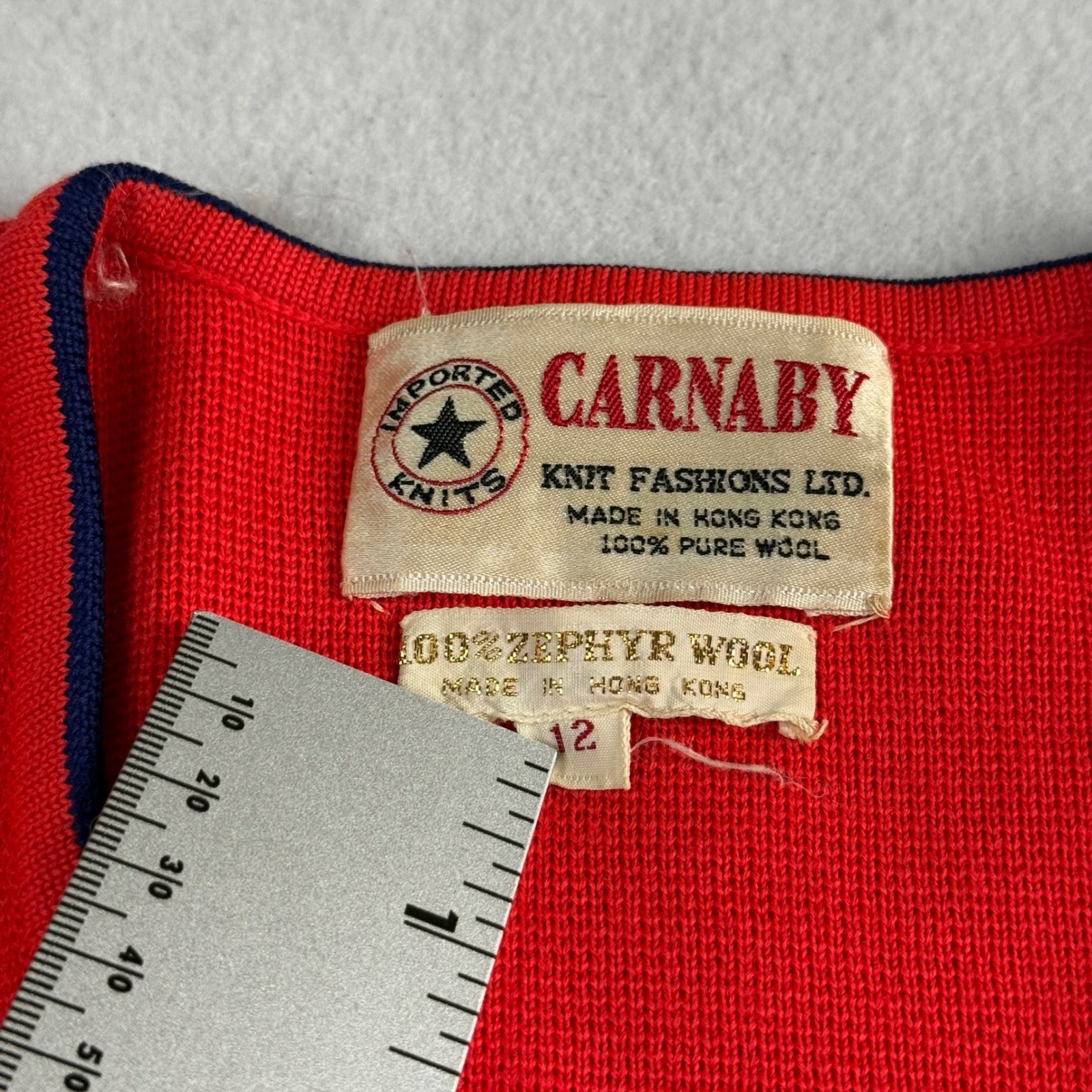 Vintage 60s Carnaby Red Wool Preppy Cardigan Navy Trim Gold Crest Buttons Sz 12