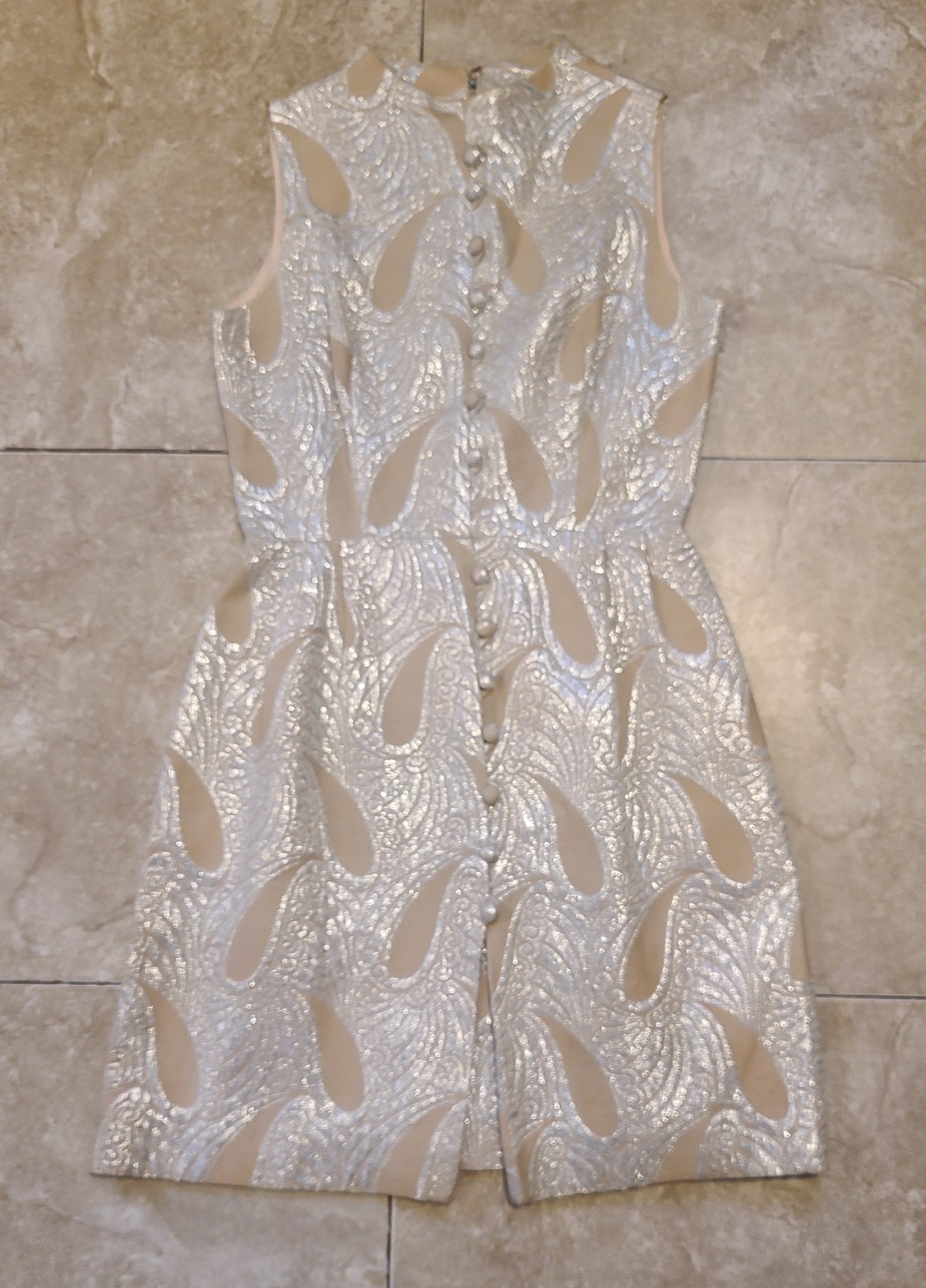 VTG MOD 60 Eve Le Coq Tan Metallic Silver Lame Brocade Paisley Dress Women’s S-M