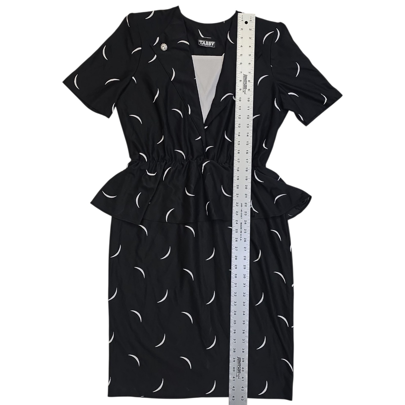 Vintage Tabby of California Dress Peplum Waist Black White Crescent Moon M 80s