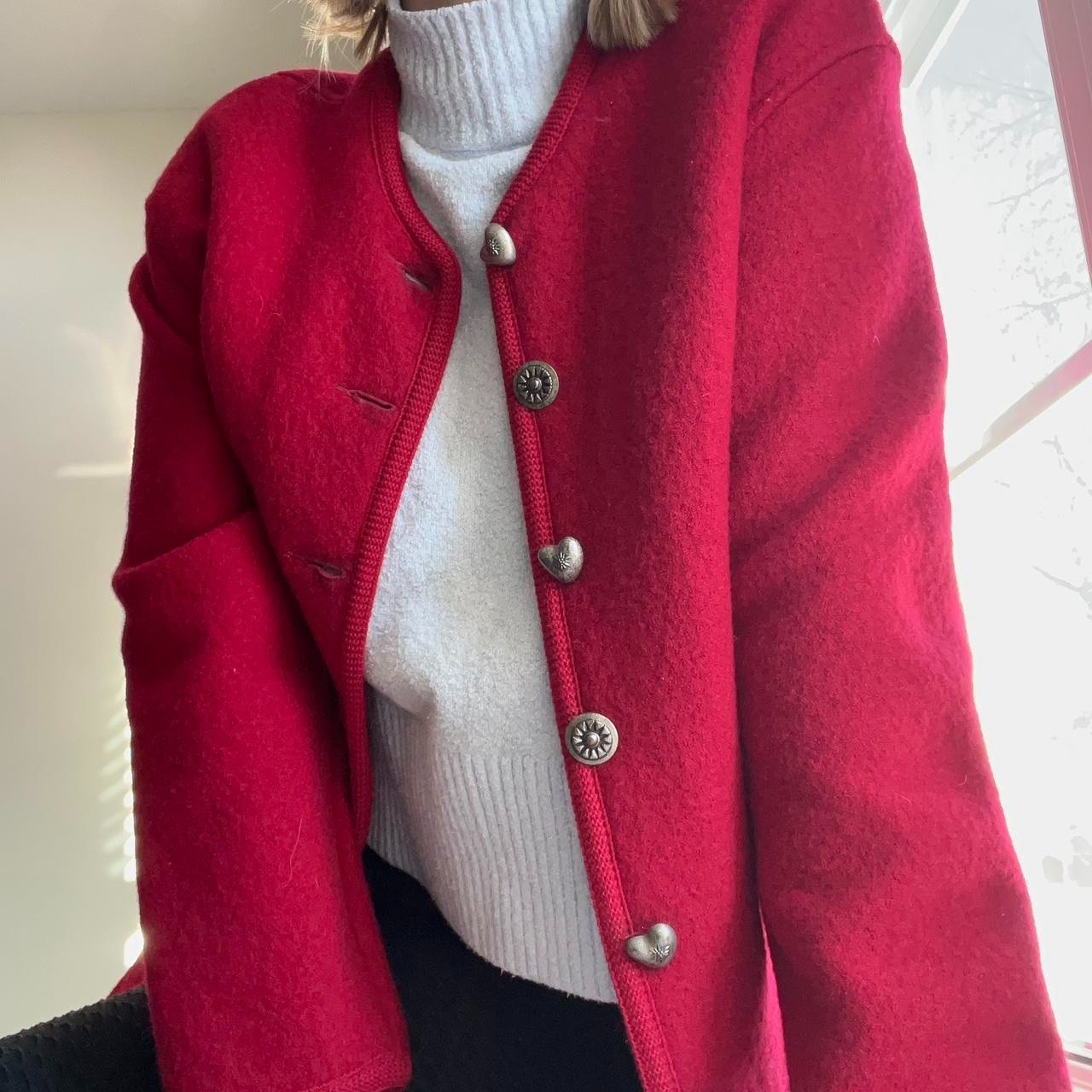 Vintage GEIGER Tyrol Red Wool Cardigan Metal Buttons S 36