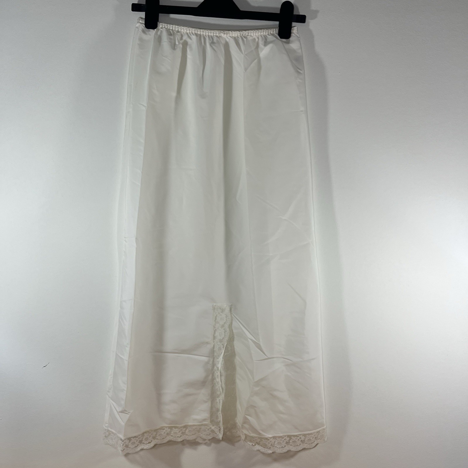 VINTAGE Bonwit Teller Ivory Full Length Maxi Skirt Slip Satin Lace Slit Medium