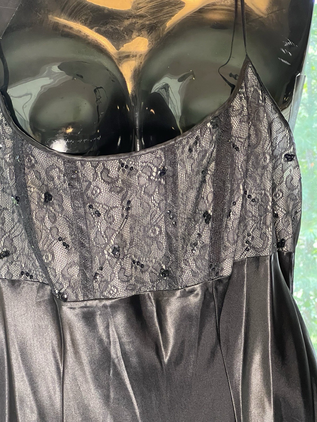VTG sequin bias cut Silky Cacique Long BLACK EMPIRE SPLIT LINGERIE NIGHT GOWN L