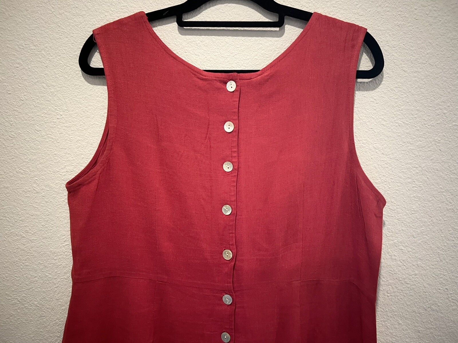 Vintage 90s Red Sleeveless Dress Flax Linen Blend Empire Waist Minimalist Sz 16