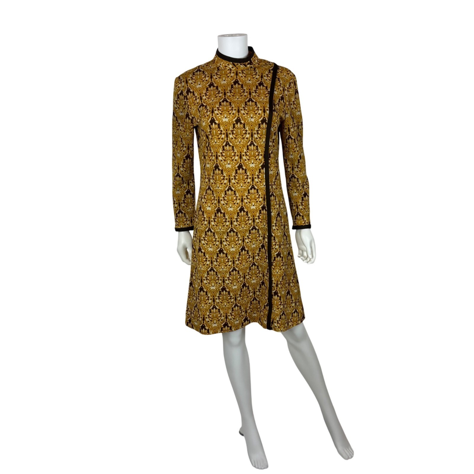 Vintage 70s Pattern Dress Womens Small Mockneck Gold Filigree Print Mod Shift