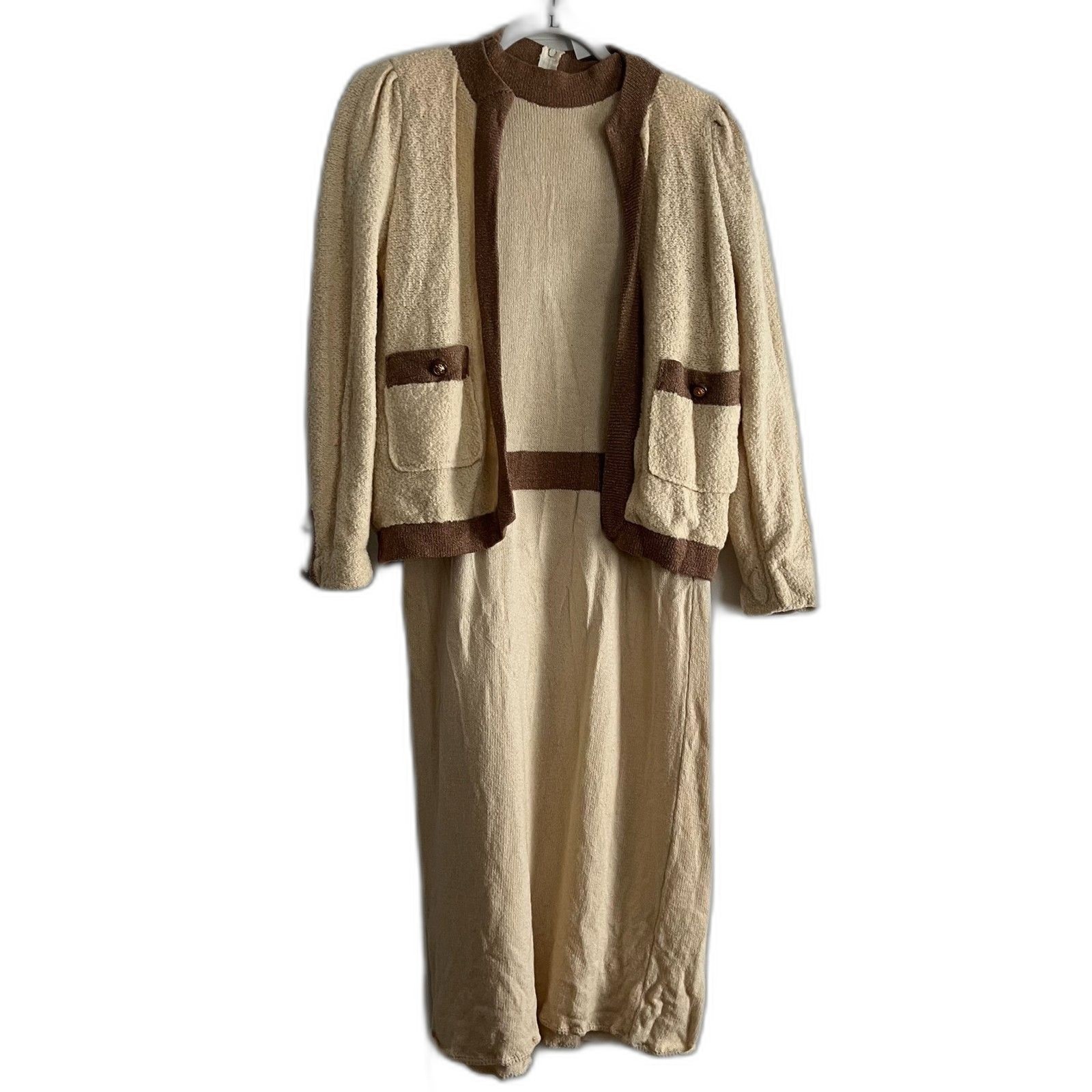 Vtg 1970s Pat Sandler Knit Set – dress & cardigan cream brown gold buttons S/M