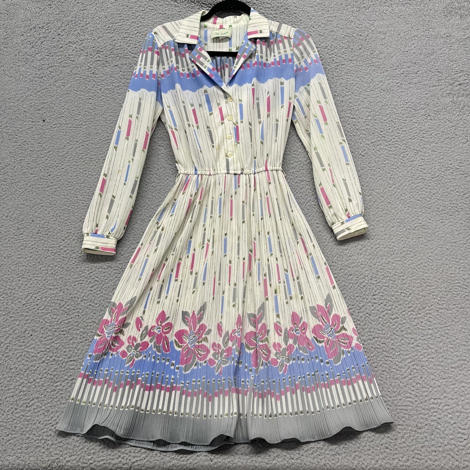 60’s 70’s Ms Sugar Dress Womens 10 Floral Striped Secretary Long Sleeve Vintage