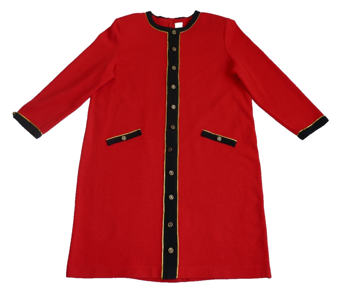 Vintage ADOLFO NEW YORK Boucle Style Long Wool Blend Cardigan Red Black Dress 18