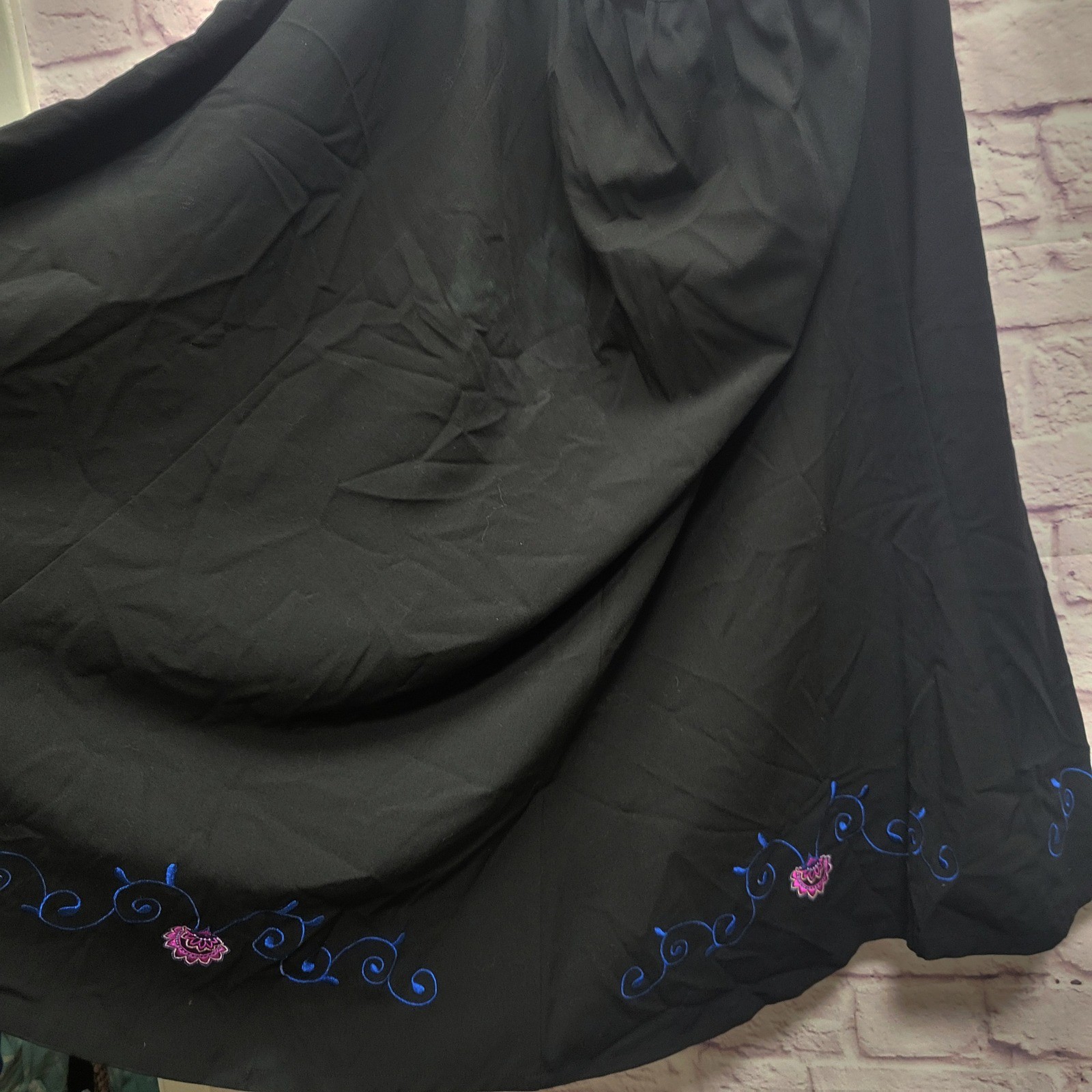 VTG Maggie Barnes Black Embroidered Maxi Skirt 5X Fairy Floral Cottagecore Boho