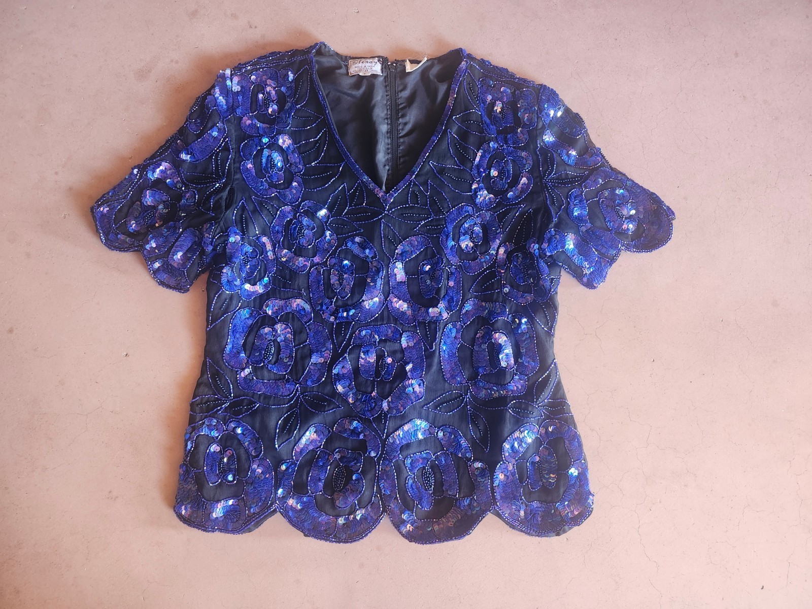 Vintage 80s 1980’s Blue Silk And Sequin Glam Blouse Top Shirt Sz L Fits M PARTY