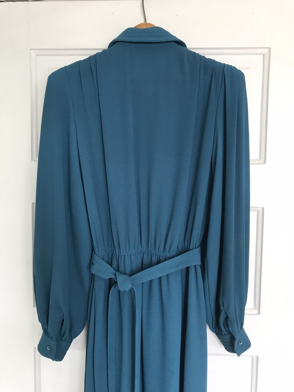 Vintage Pierre Cardin Boutique Dress Teal Blue Button Up Belted 80s Med? No Tag