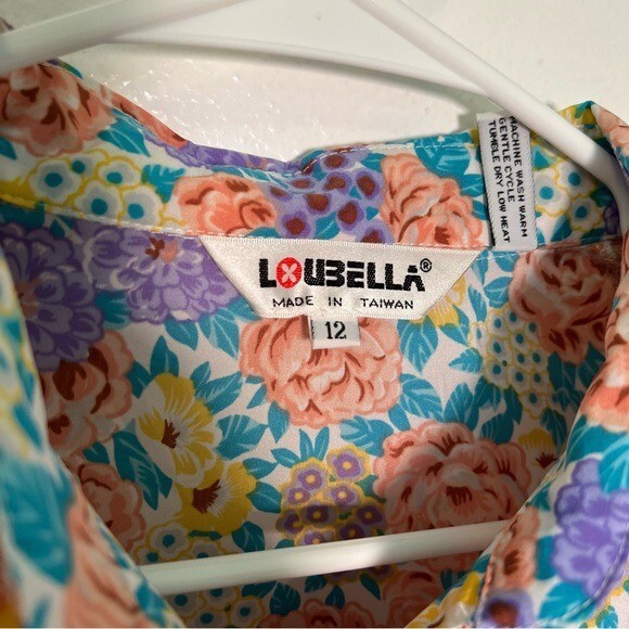 Vintage Loubella Women’s Size 12 Popover Blouse Purple Teal Floral Half Button
