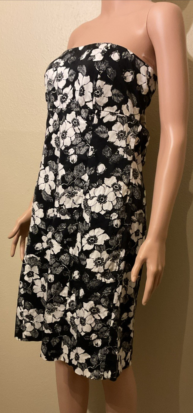 VTG Herman Geist Strapless Midi Dress 9401S3 Black White Floral Tie Back Y2K 10