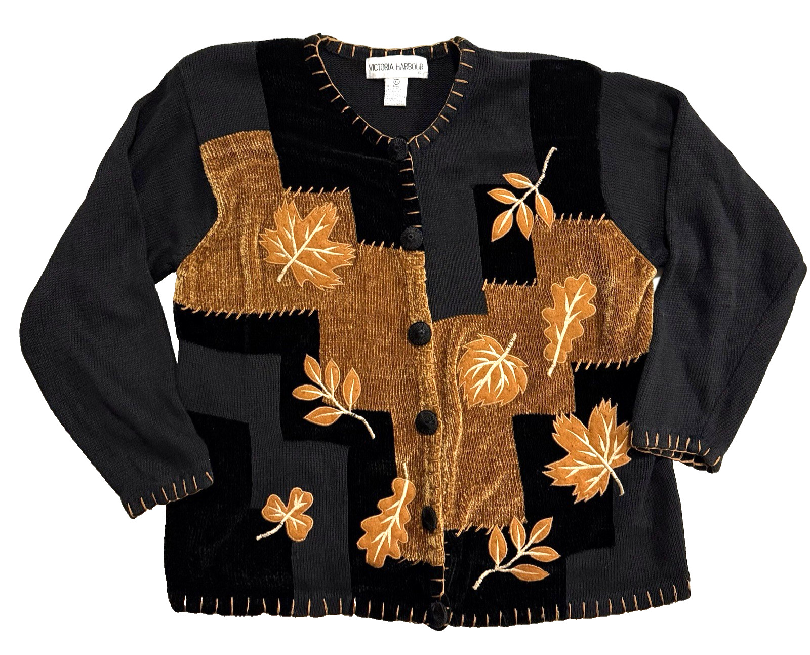 Vintage Victoria Harbour Cardigan Womens XL Fall Leaves Patchwork Stitching Hem
