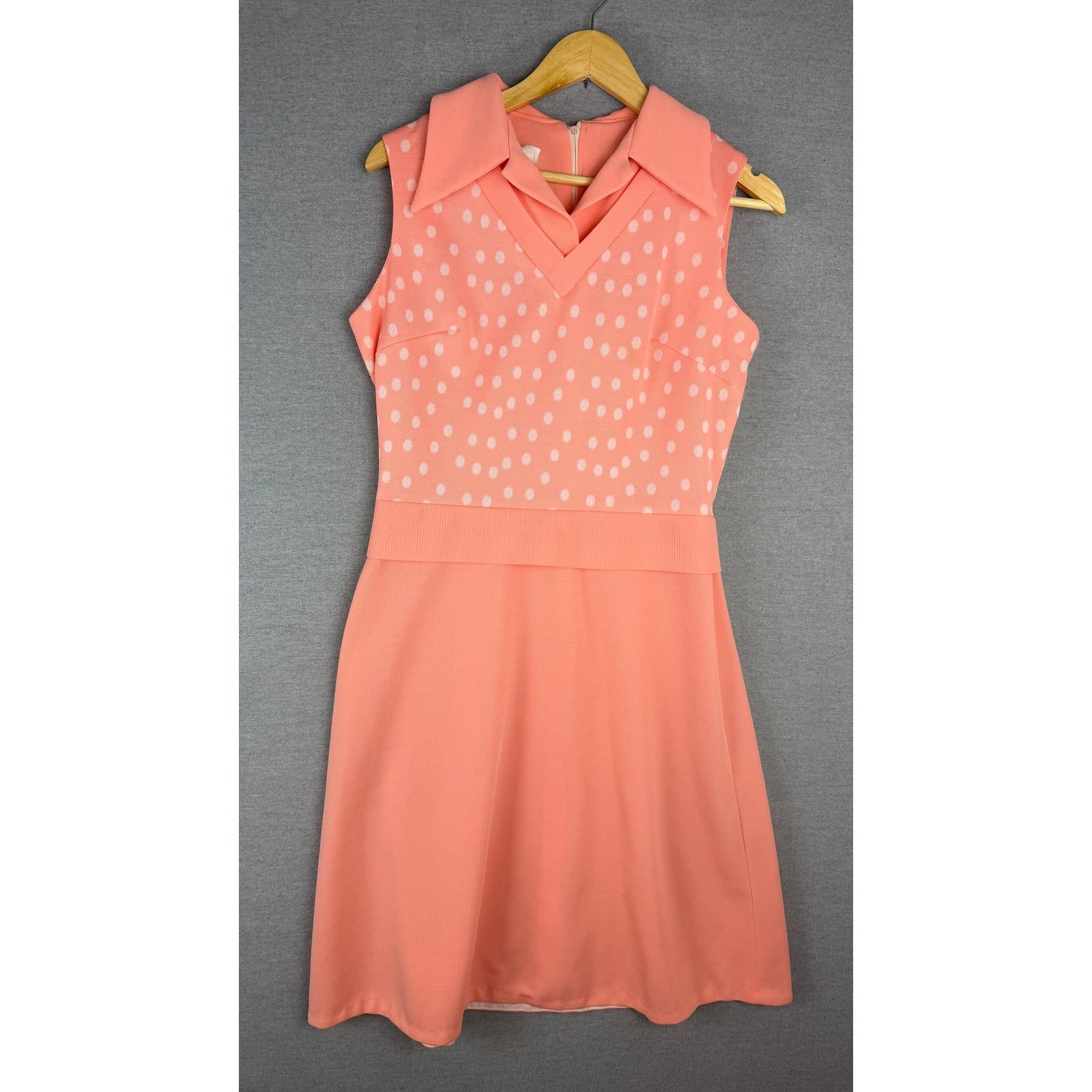 Vintage 1950s 60s Peach Polka Dot Dress and Cardigan Set Retro Mod 2 Piece