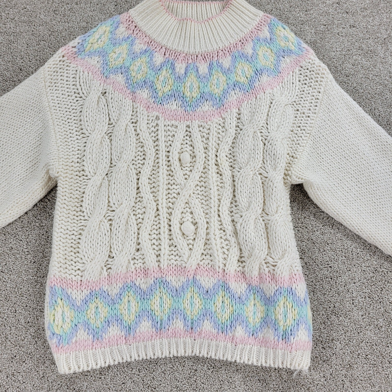 VTG Jamie Scott Sweater Womens L Cream Hand Knit Pastel Ramie Mock Neck 80s