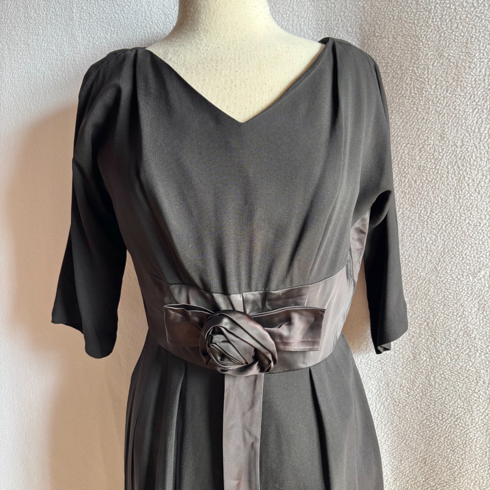 Vintage 1950s Lora Lenox Little Black Sheath Dress LBD with Satin Flower